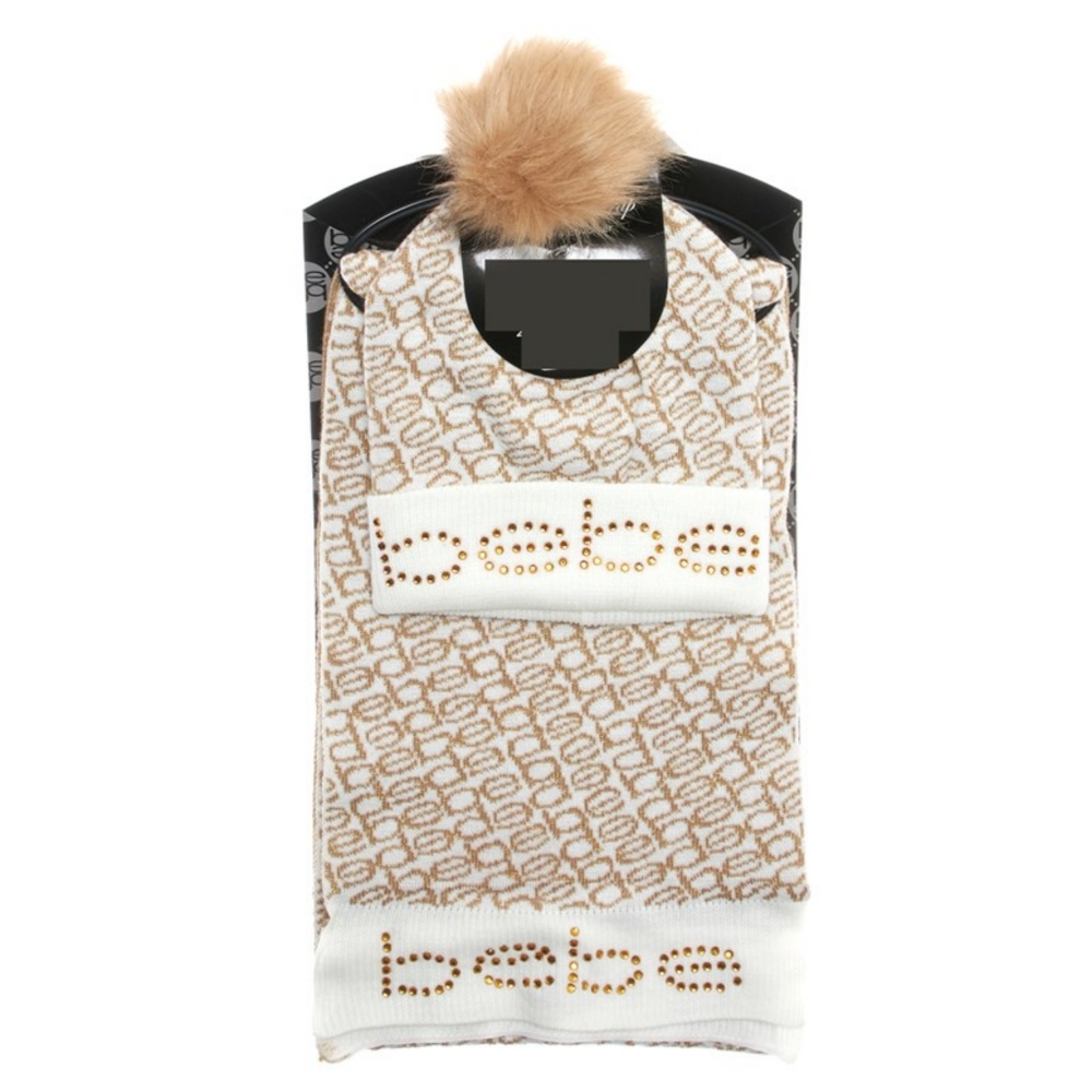 New! BEBE Logo Scarf & Pom Pom Beanie Hat Set 2-Piece With Gift Box Cream Gold